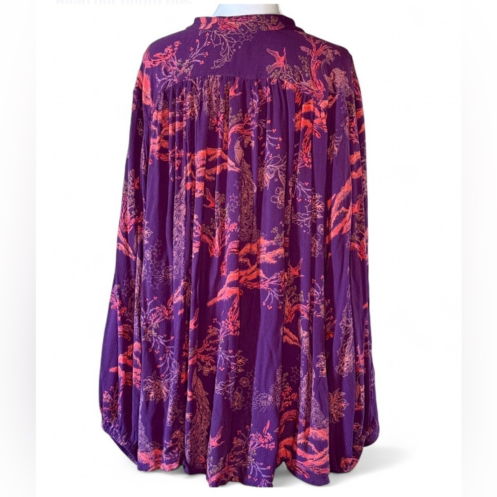 Free People Oversized Purple Bird Print Button Front Tunic Top M Boho - Picture 2 of 4